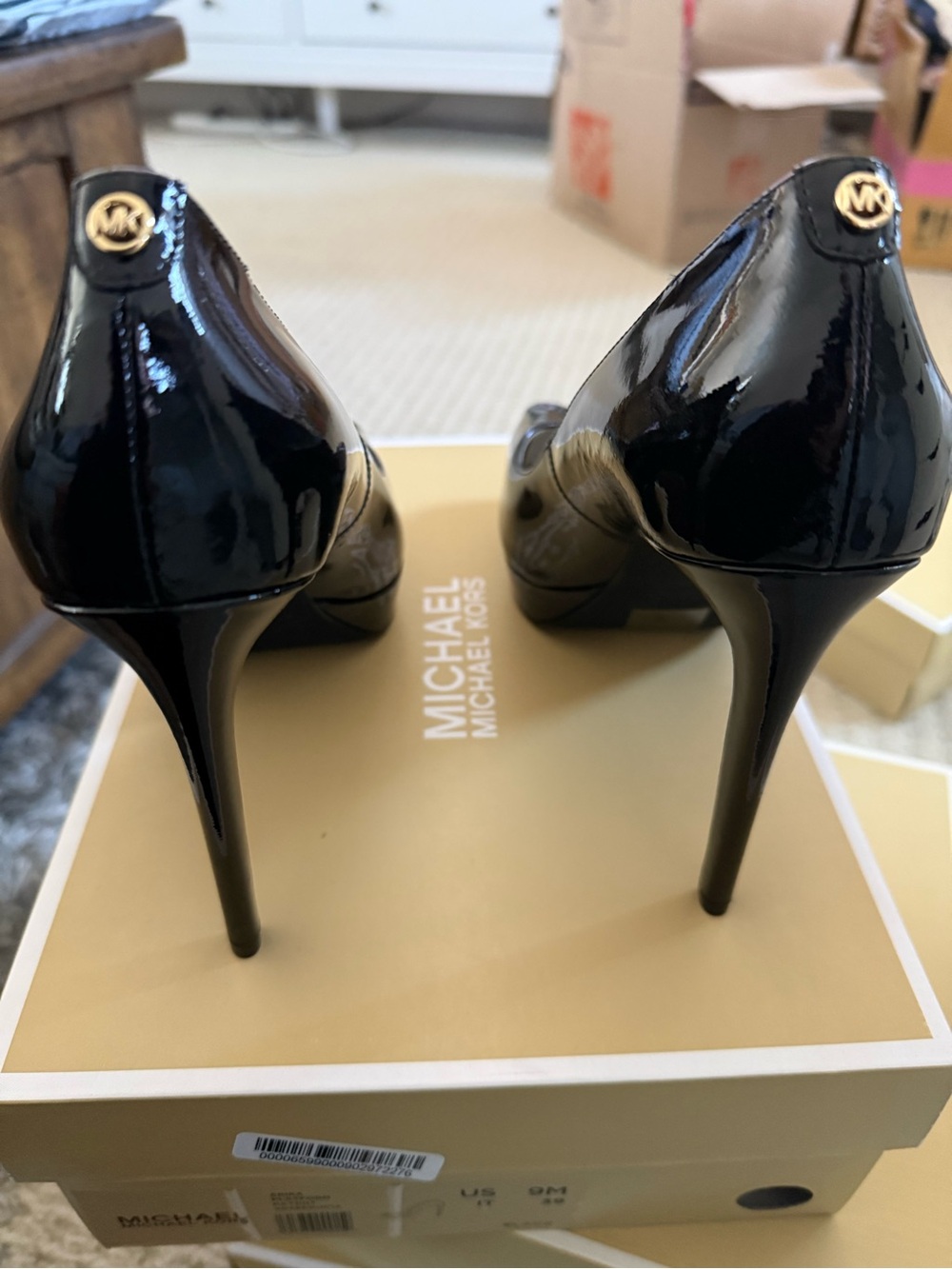 Michael Kors Erika black patent leather peep toe platform pumps